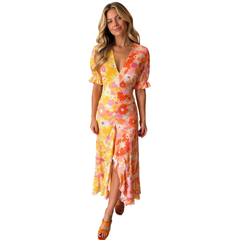 RIXO Ariel Floral Midi Dress Pink Orange Yellow Size S Mod Retro Flower Power - Picture 12 of 12